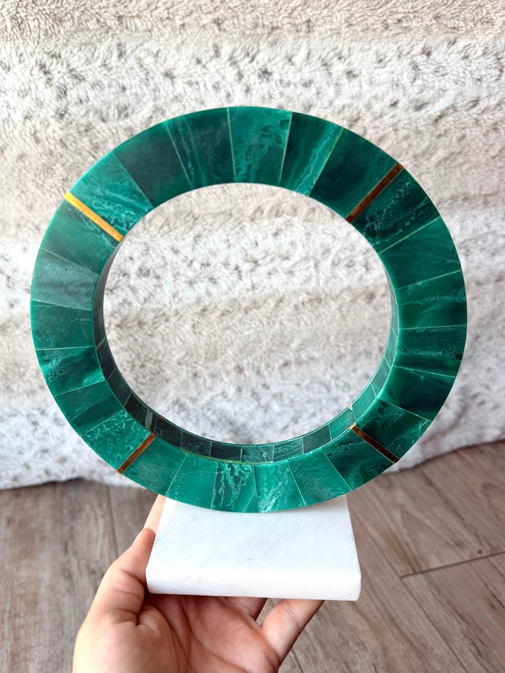 Green White Marble Base and Gold Accent Circular Sculpture Decoration